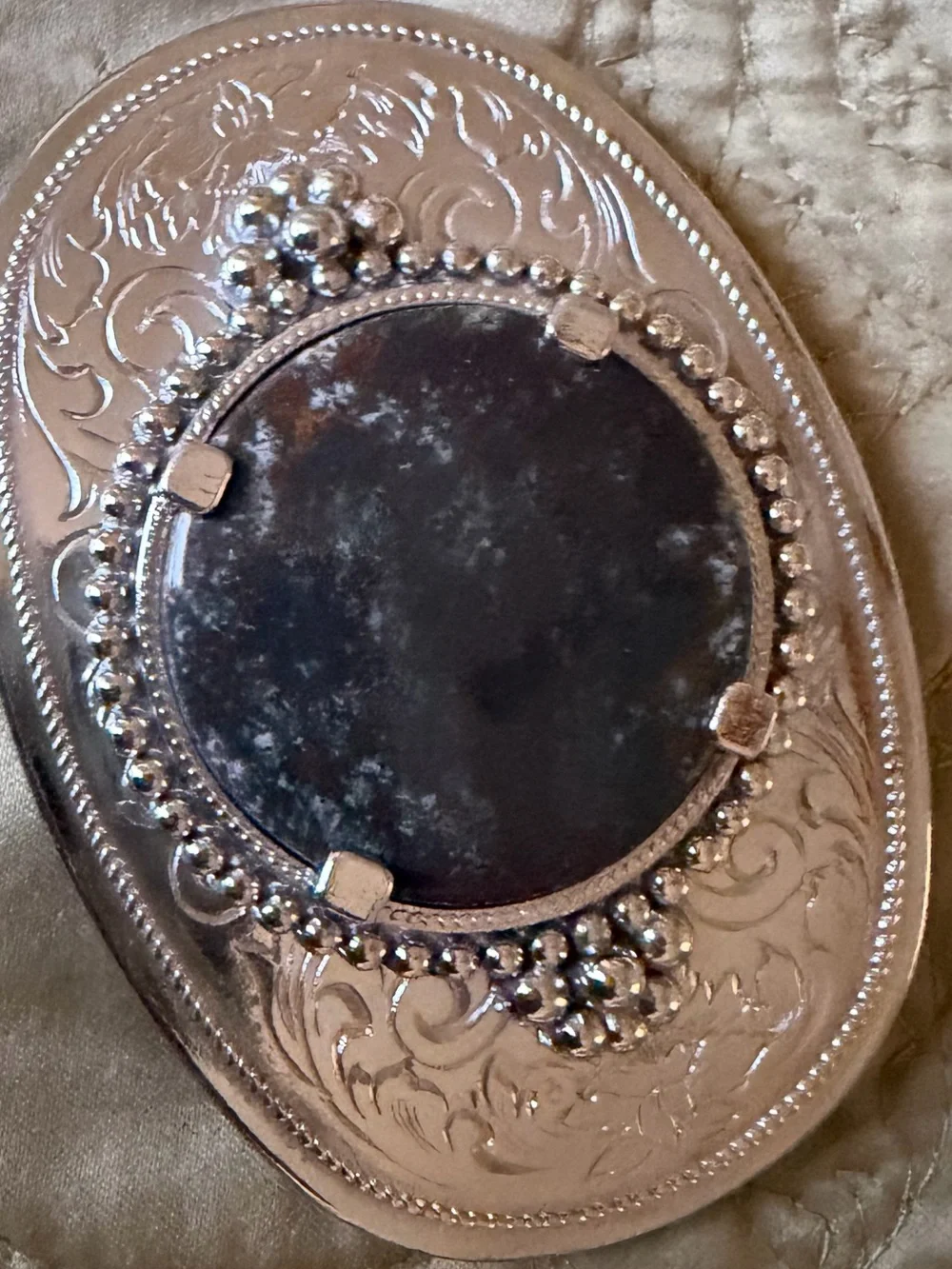 Silvertone Western Belt Buckle w Black Stone Accent Boho Cowboy Southwest Chic
